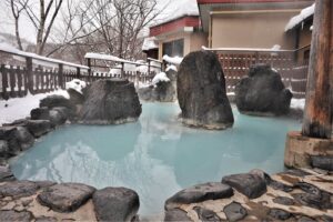 The mixed-bathing outdoor bath at Kyounso inn at Matsukawa Onsen in Iwate Prefecture, Japan