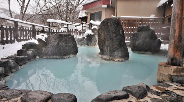 The mixed-bathing outdoor bath at Kyounso inn at Matsukawa Onsen in Iwate Prefecture, Japan