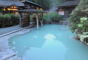 The mixed-bathing outdoor bath at Tsuru no Yu inn in Nyuto Onsen hamlet in the evening